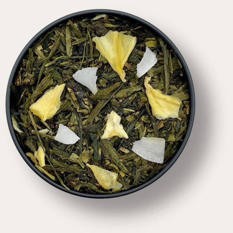 
                  
                    pina colada green tea / milk oolong and sencha tea / green tea blend / coconut tea / pineapple tea
                  
                